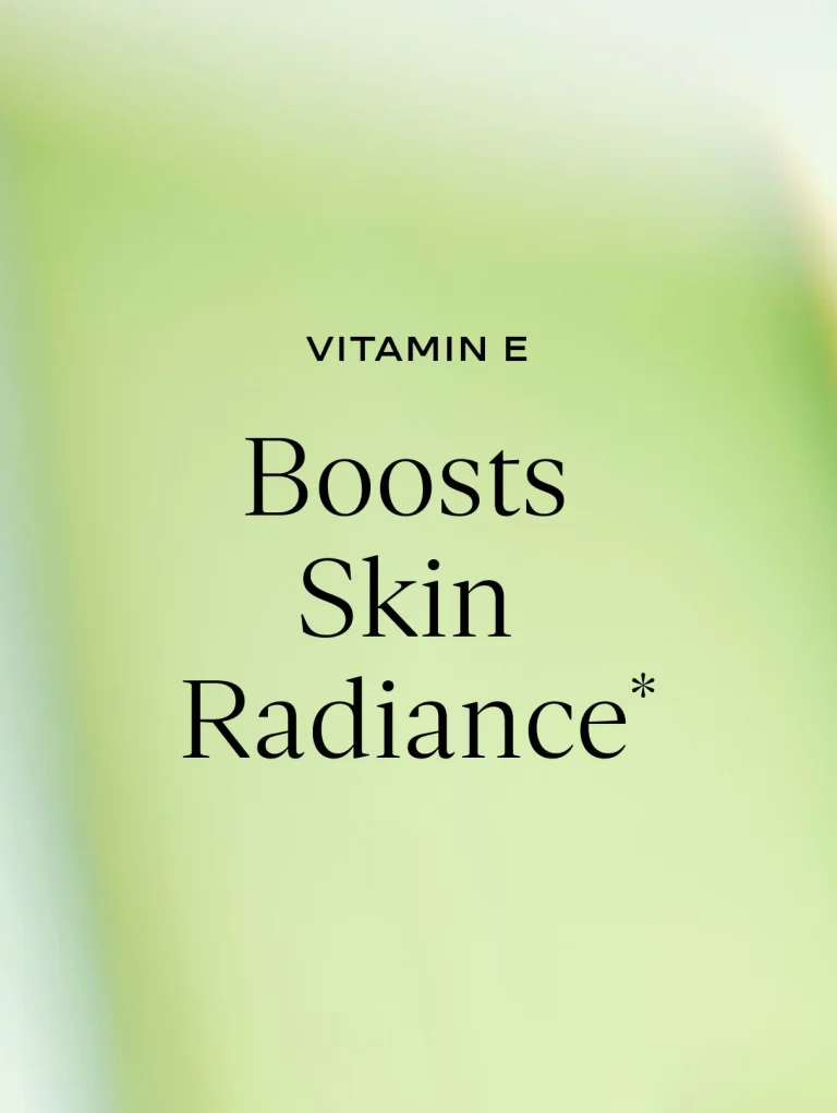 Sakara Daily Elixir liquid multivitamin graphic on soft green gradient background reading “Vitamin E: Boosts Skin Radiance”