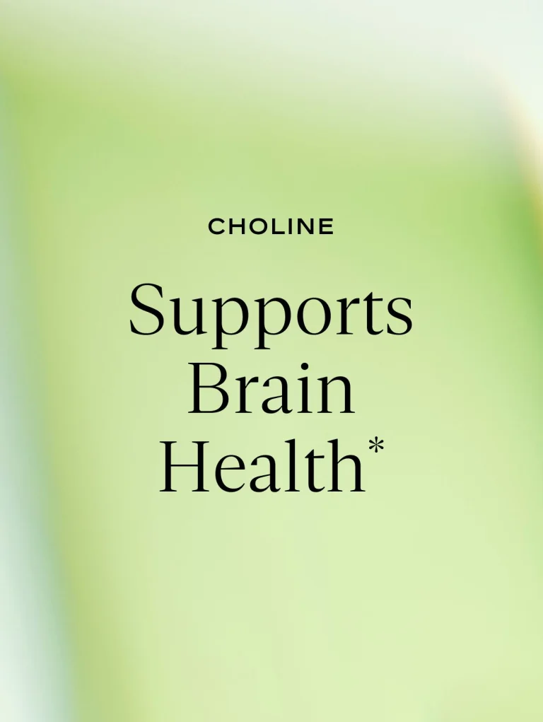 Sakara Daily Elixir liquid multivitamin graphic on soft green gradient background reading “Choline: Supports Brain Health”
