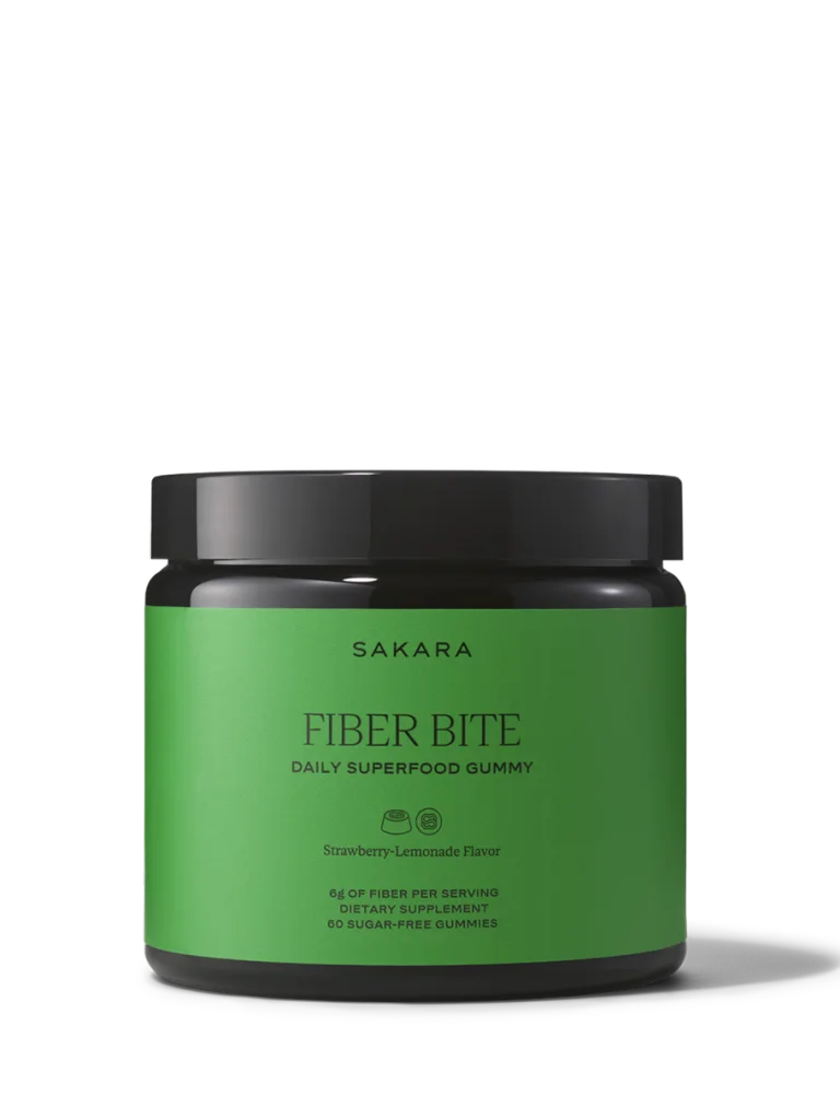 Sakara Fiber Bite packaging with green label on a white background