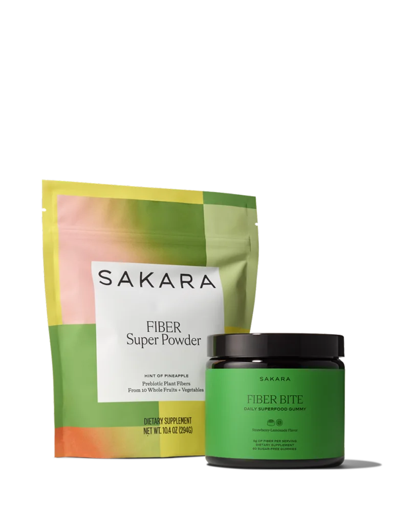 Sakara Fiber Super Powder and Fiber Bite packaging against a grey background