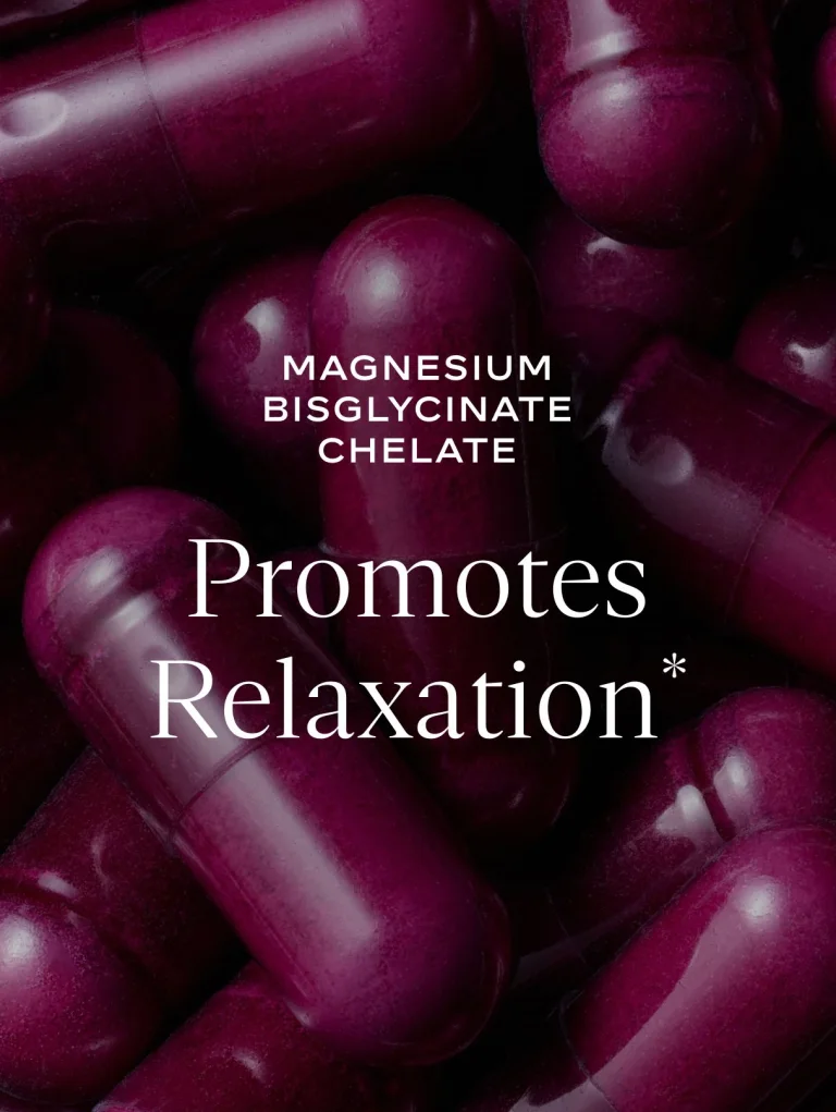 Sakara Night Service sleep support capsules shown as glossy purple capsules with text stating magnesium bisglycinate chelate promotes relaxation