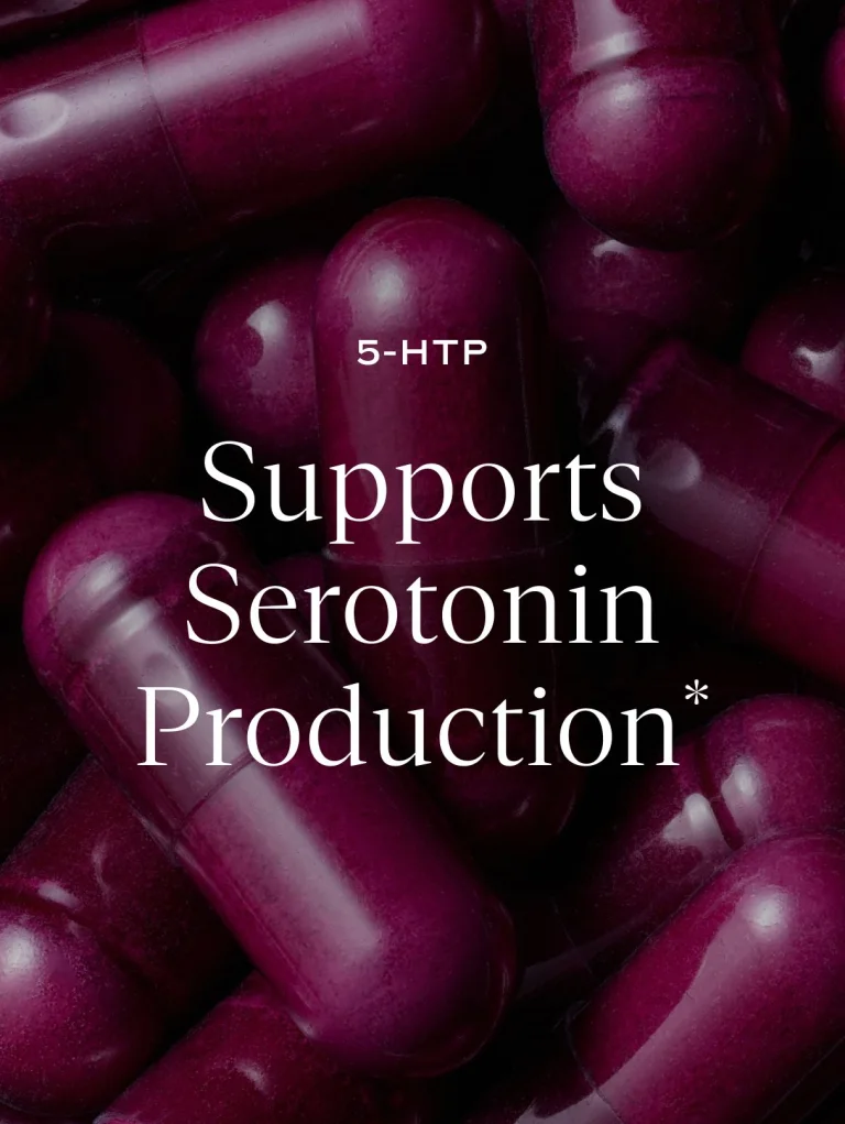 Sakara Night Service sleep support capsules shown as glossy purple capsules with text stating 5-HTP supports serotonin production