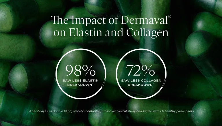 Graphic titled “The Impact of Dermaval on Elastin and Collagen” showing 98% saw less elastin breakdown and 72% saw less collagen breakdown after 7 days in a double-blind, placebo-controlled crossover study of 20 healthy participants