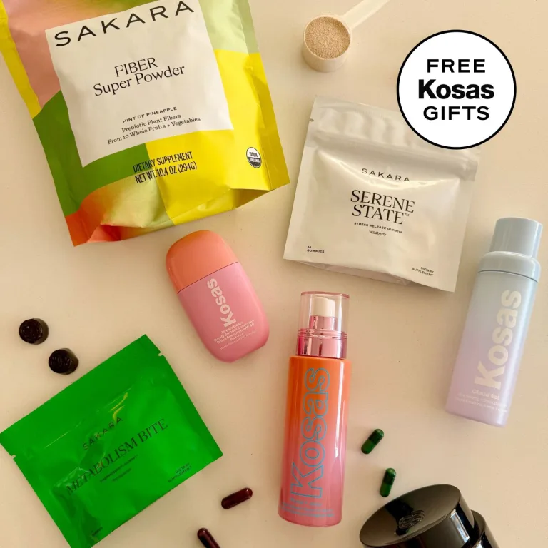 An image of several products laying across a table: Sakara Fiber Super Powder, Serene State, Metabolism Bite, Night Service, Beauty Biome, and then Kosas Sunscreen, Face Mist, and Collagen Serum